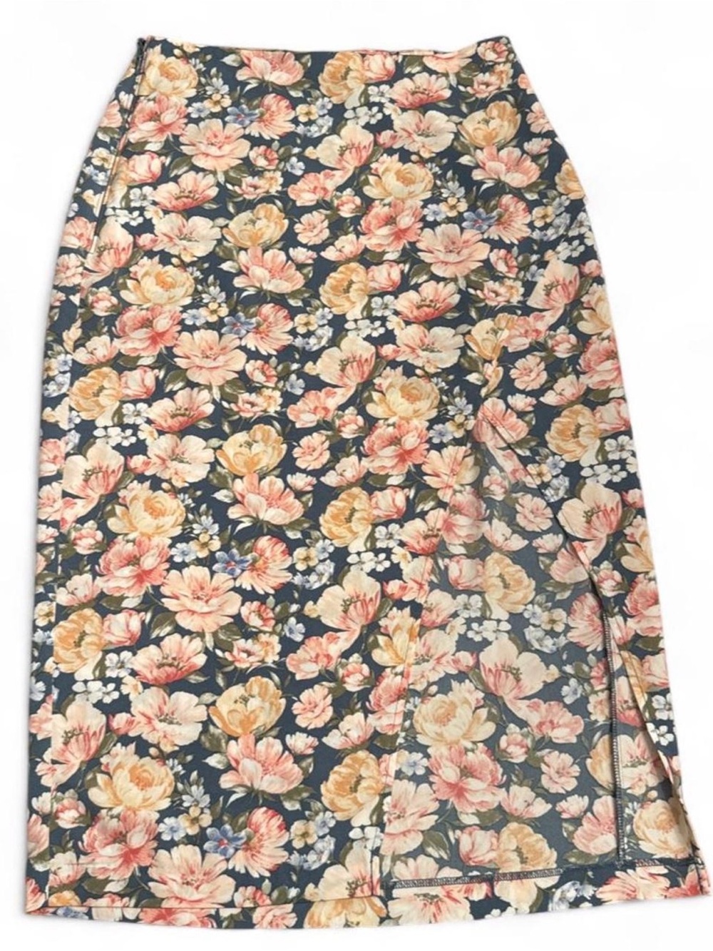Abercrombie & Fitch Navy Floral Midi Skirt with Pink & Cream Blooms size SP fall